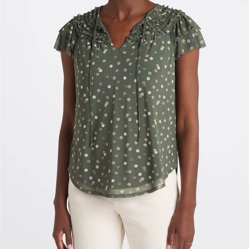 Green Ruched Ruffled Blouse - Picture 2 of 6